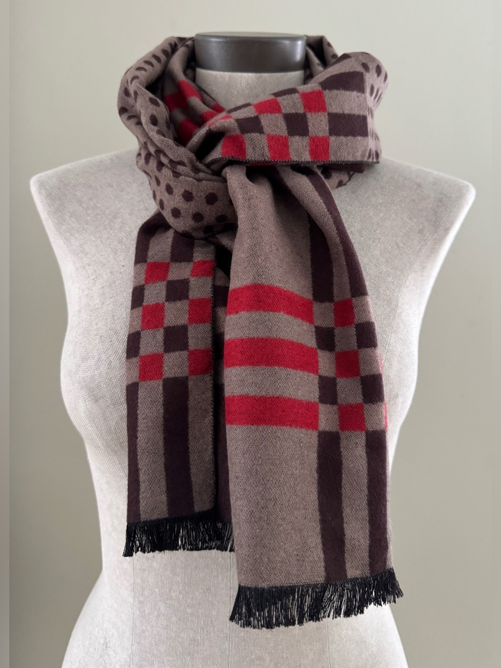 Chocolate Brown Taupe and Red Silk Scarf Unisex